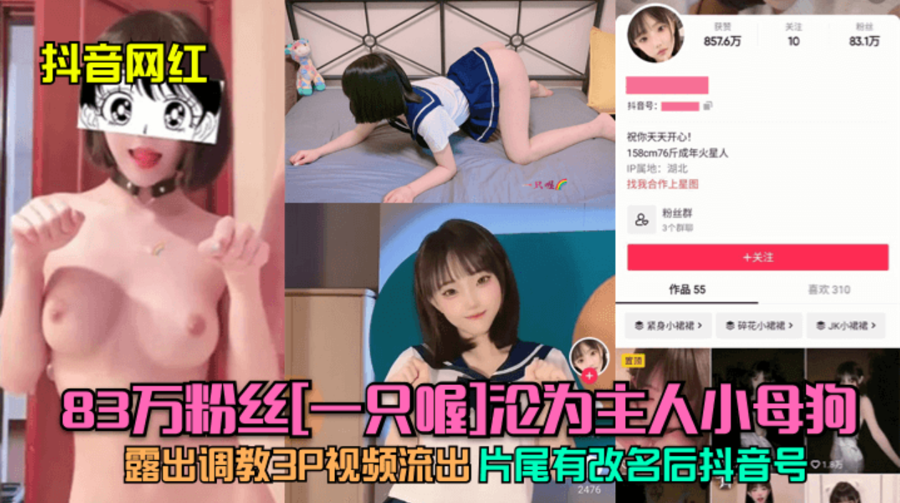 【抖音网红】83w粉丝「一只喔1沦为主人小母狗露出调教3P视频流出!片尾有改名后抖音号