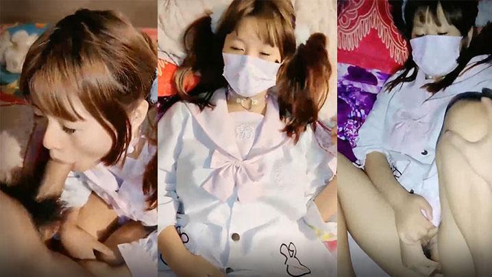 18乖乖女双马尾萝莉嫩妹子，萝莉装拔下内裤掰穴，毛毛挺浓密第一视角正入，特写进进出出抽插，搞得妹子娇喘呻吟