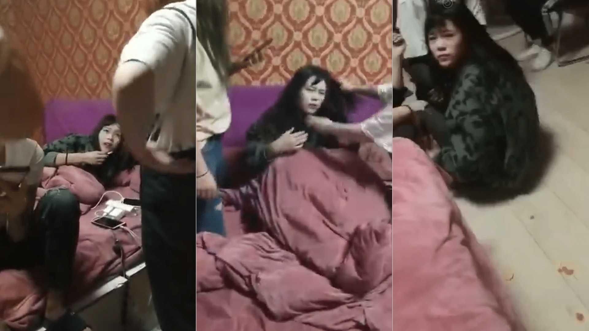 校园暴力门 东北姑娘偷情被抓 暴打 垃圾桶套头！