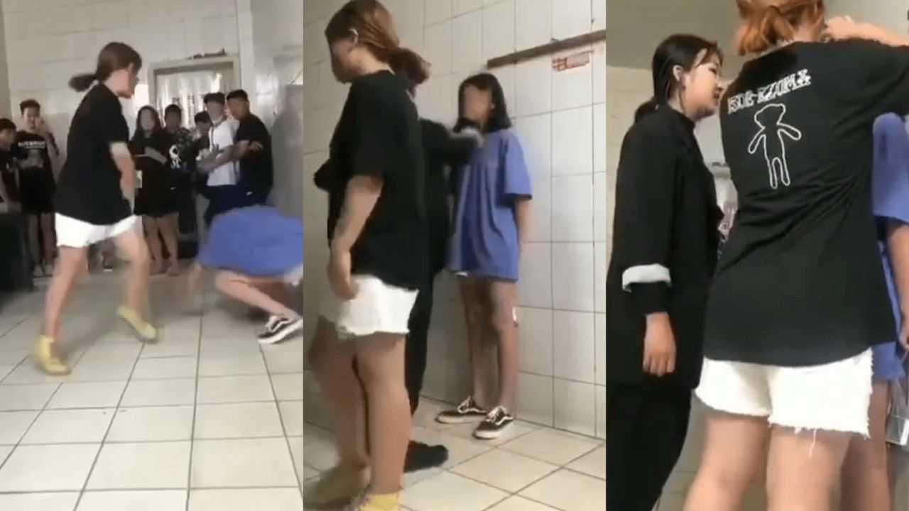 真实校园暴力 学生妹在厕所被群殴扇耳光！