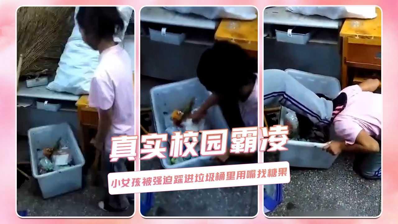 真实校园霸凌  小女孩被强迫踩进垃圾桶里用嘴找糖果