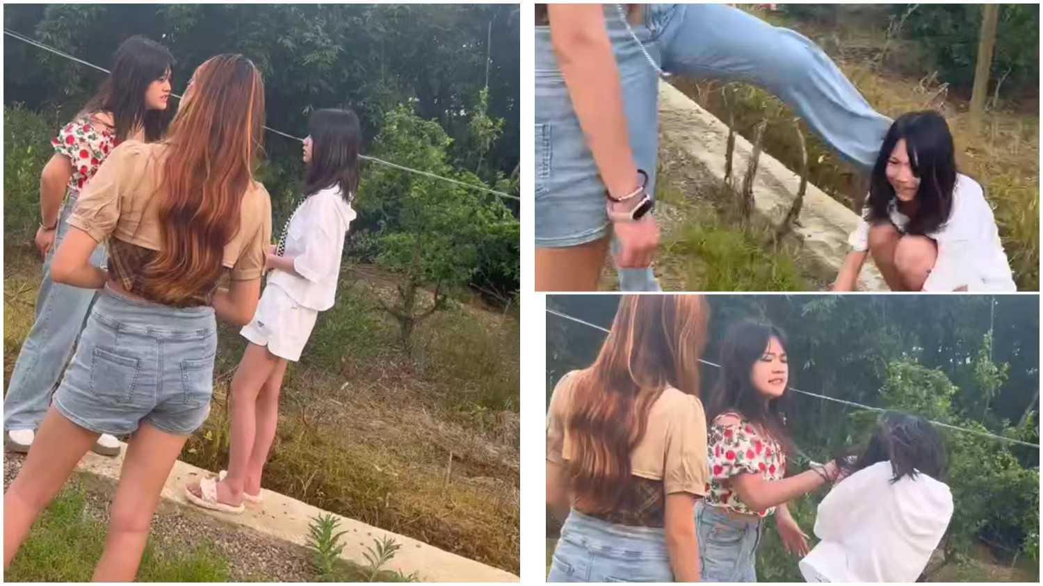 校园暴力，两个漂亮少女狂扇白衣女，揪头发脚踹，最毒少女心！